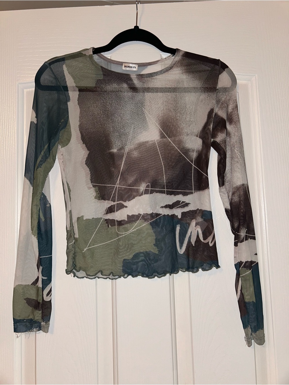 iNAMORATA Sheer Abstract Long Sleeve Top - Olive, Teal, Brown, White